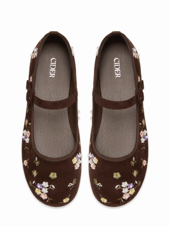 Cider Shoes - Cider Brown Floral Embroidered Mary Jane Flats